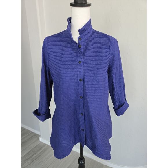 Yacco Maricard Pintucked Asymmetric Hem Boxy Cotton Button Down Blouse Sz 2 M/L - Picture 14 of 14